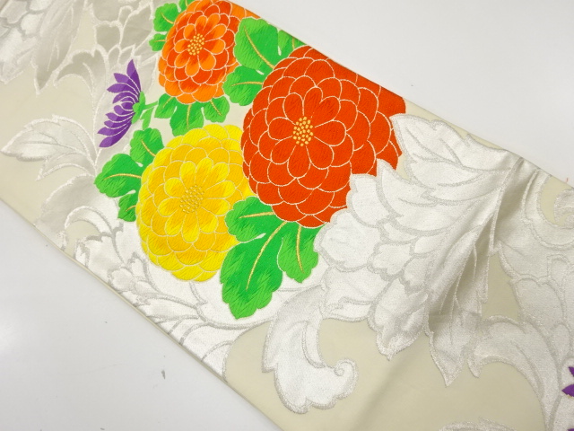 JAPANESE KIMONO / ANTIQUE FUKURO OBI / SILK / WOVEN KIKU